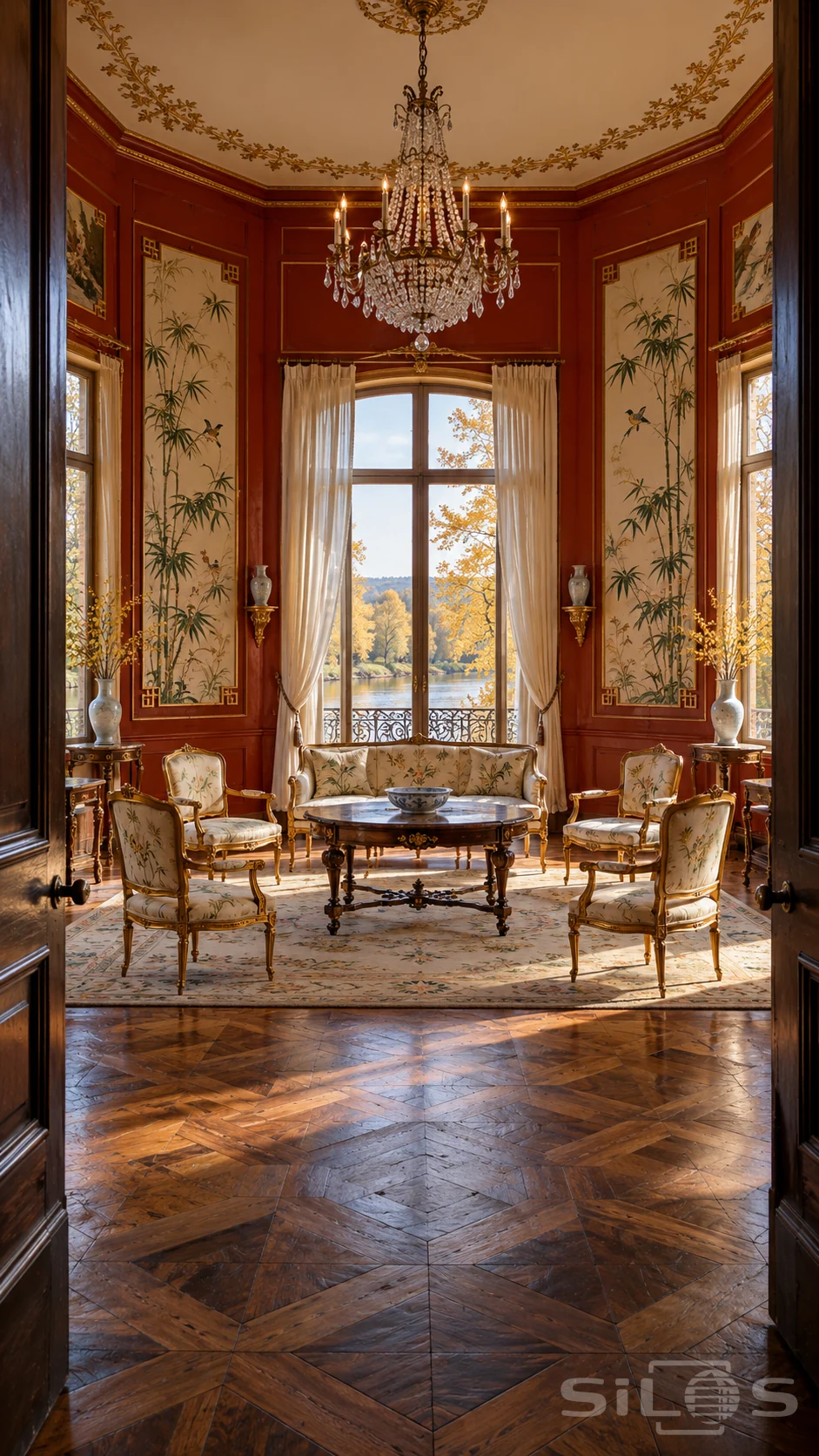 Vermilion salon with ivory bamboo panels, crystal chandelier, gilded floral chairs, geometric parquet and a river view.