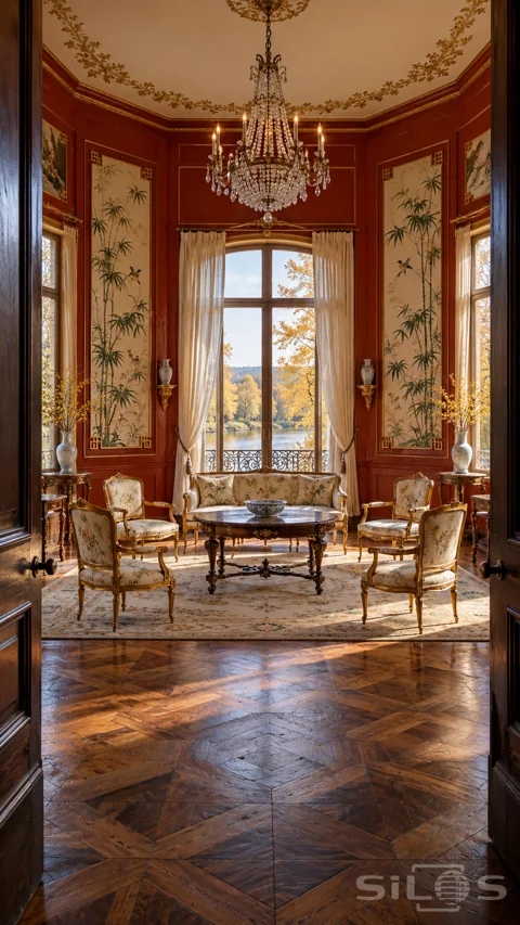 Vermilion salon with ivory bamboo panels; crystal chandelier; gilded floral chairs; geometric parquet and a river view.