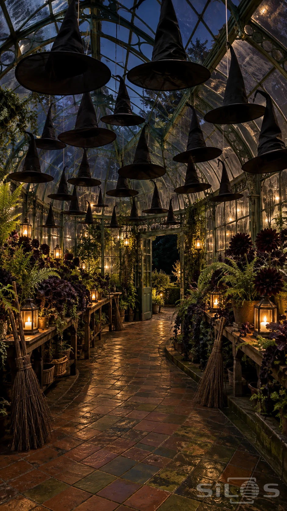 Black witch hats hang above ferns and amber lanterns inside a secret greenhouse at night.