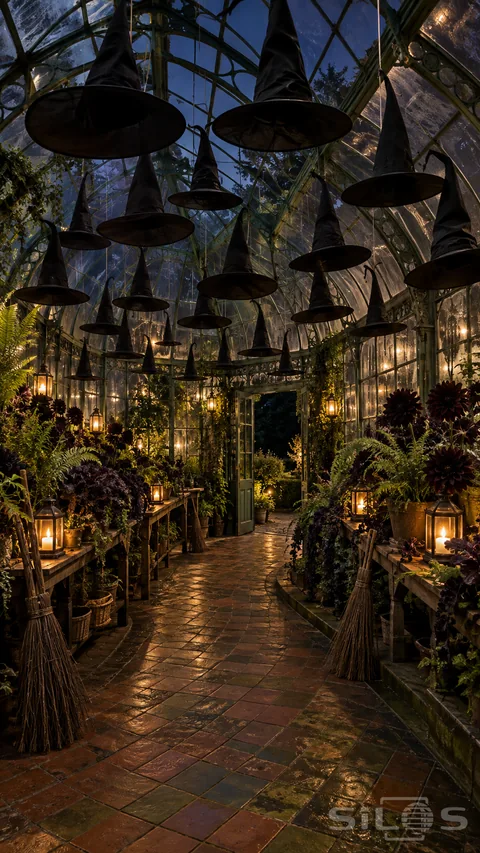 Black witch hats hang above ferns and amber lanterns inside a secret greenhouse at night.
