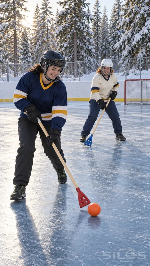 A broomball pass moves an orange ball between two helmeted women with triangular rubber-headed sticks on a snowy woodland rink.