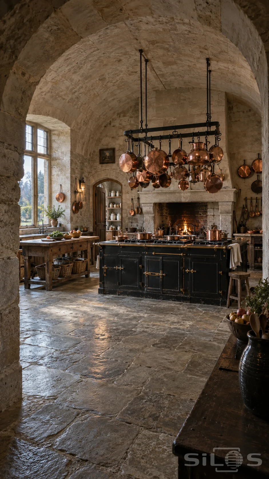 Vaulted limestone kitchen with suspended copper pans, black iron range, oak preparation tables and a small fire in the hearth.