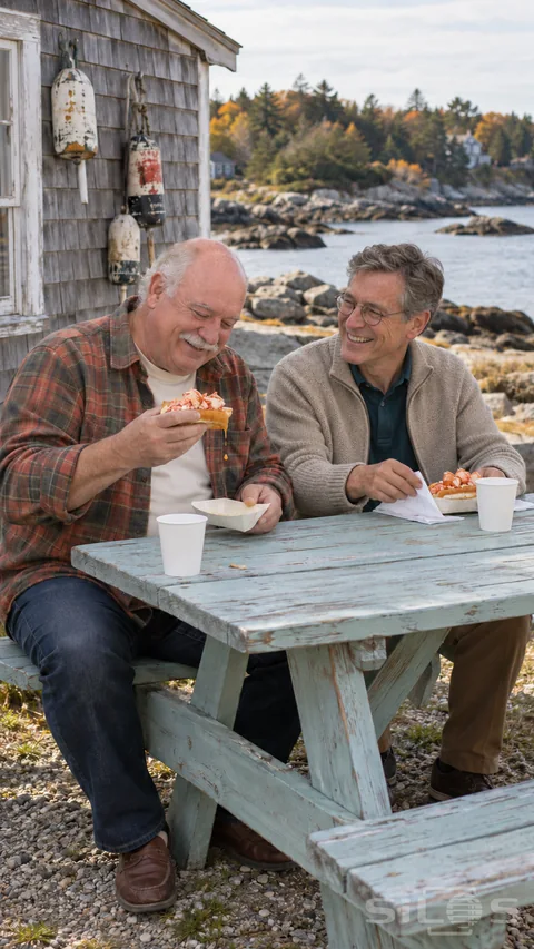 A lobster roll drips butter as two older friends laugh at a pale aqua picnic table beside a shingled coastal shack.