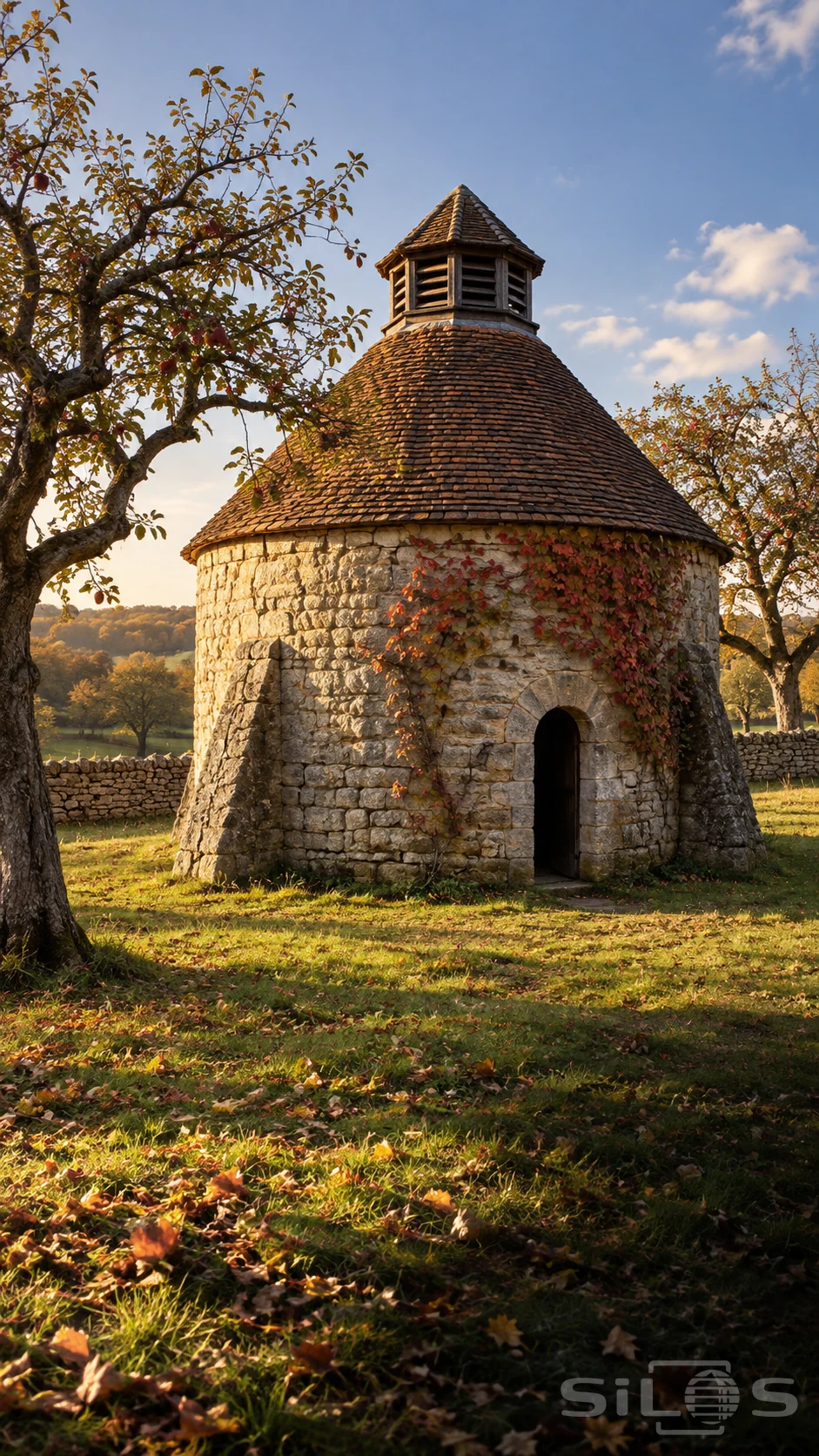 A round dovecote with stone walls, red-brown roof tiles and a small louvered lantern stands among autumn apple trees and fallen leaves.