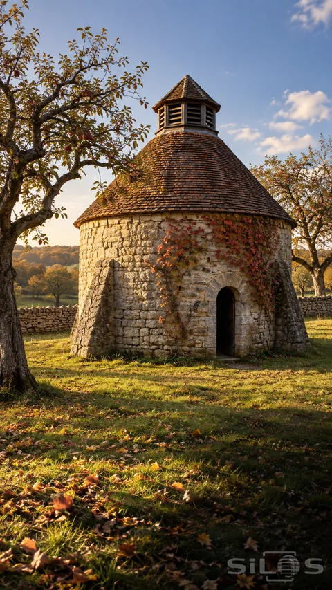 A round dovecote with stone walls; red-brown roof tiles and a small louvered lantern stands among autumn apple trees and fallen leaves.