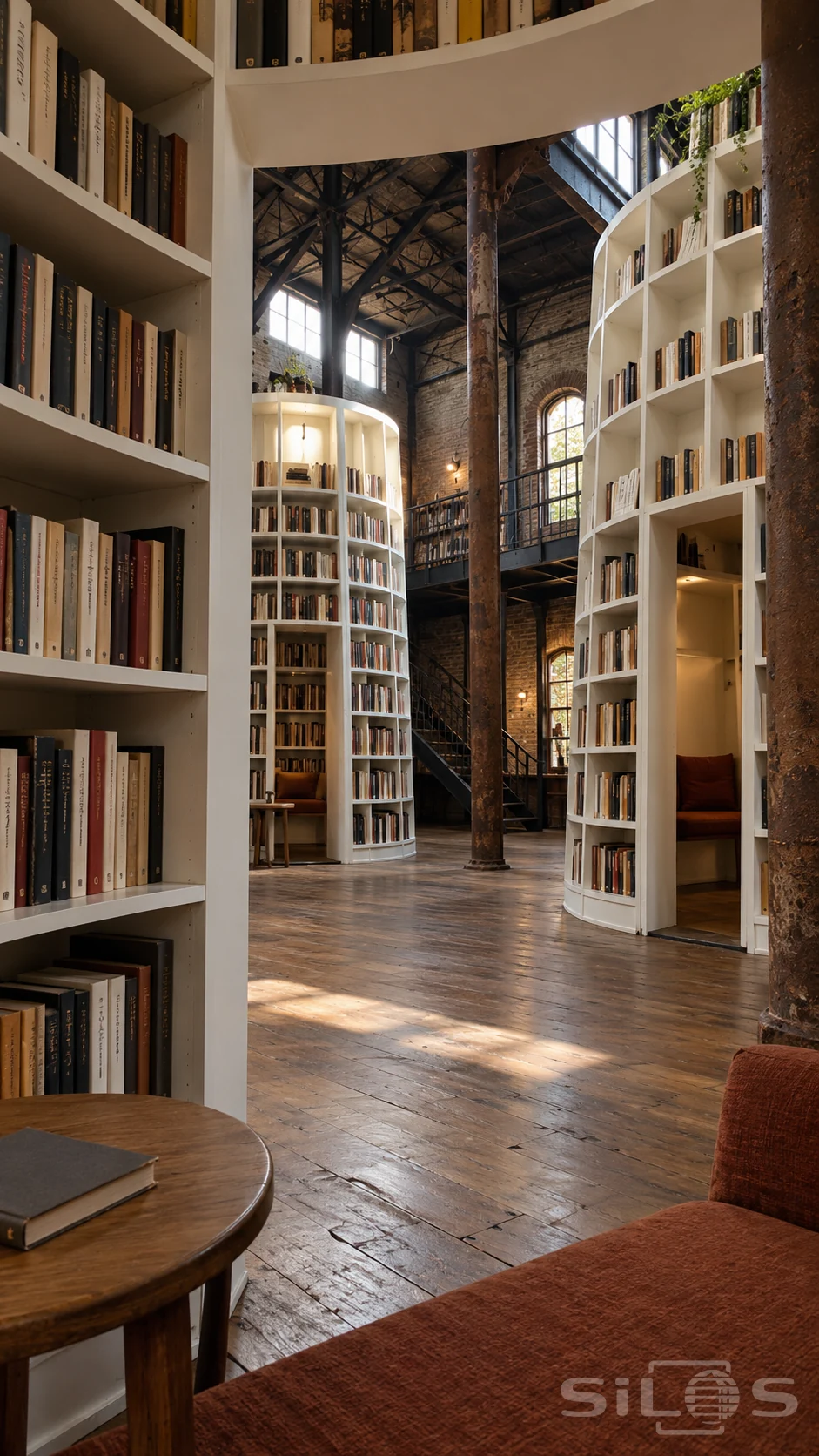 White cylindrical bookshelves enclose rust-colored reading seats beneath dark iron trusses in a tall brick bookshop.