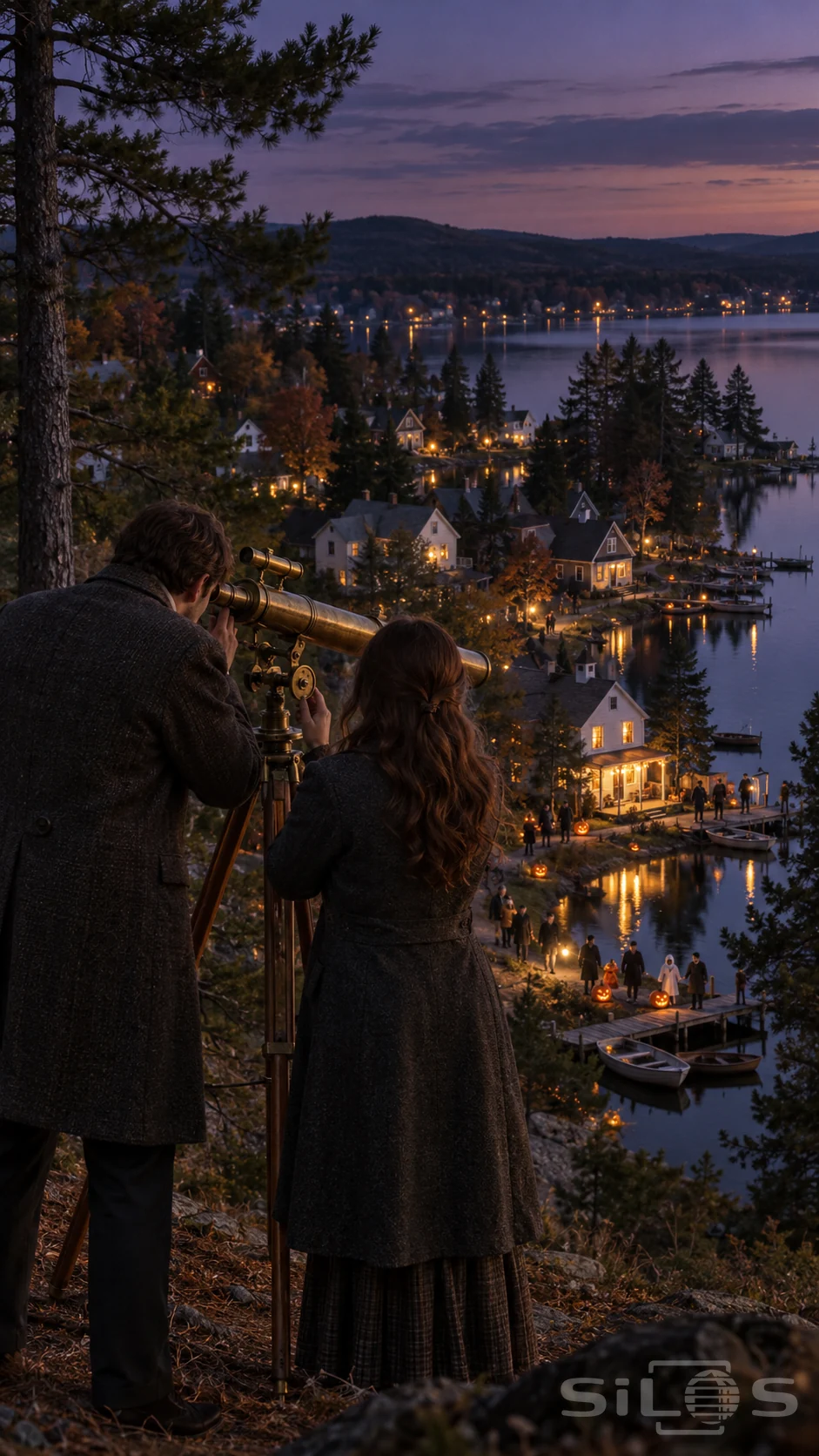 A man and woman stand at a brass telescope on a pine hill above a twilight lake town with pumpkins and reflected porch lights.