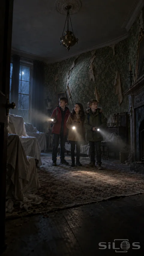 Three children with flashlights stand in a dusty green parlour beneath a broad swelling in the peeling wallpaper.