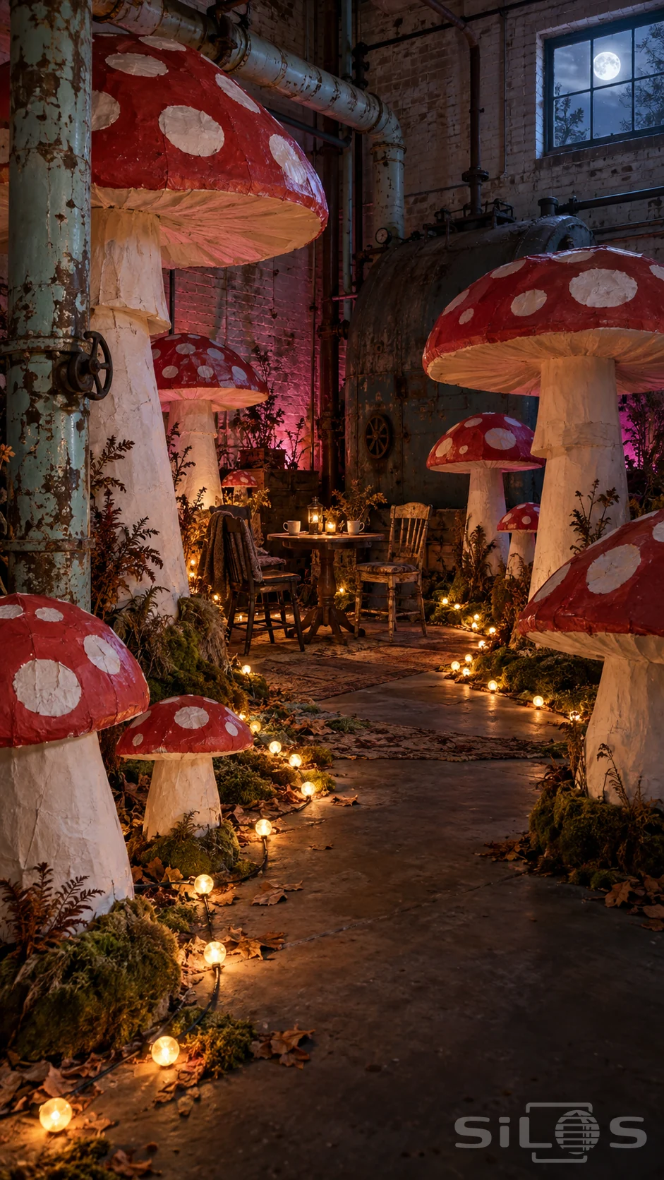Giant red-and-white paper mushrooms stand around a small table in a brick boiler room with teal pipes and warm floor lights.