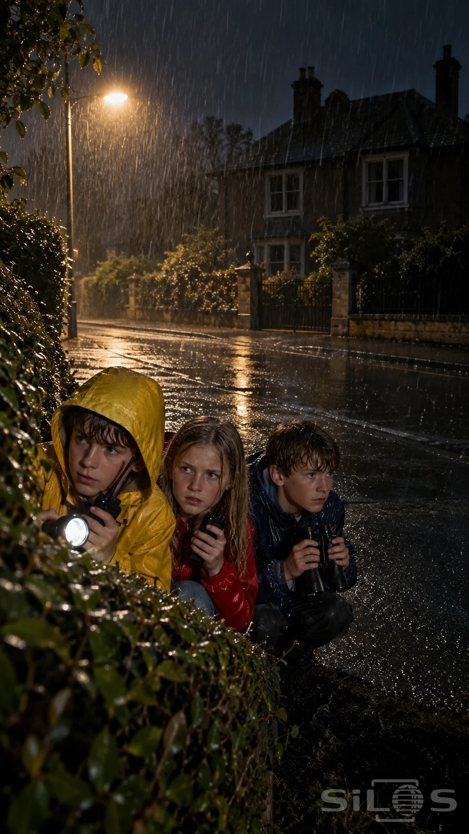 Three children in yellow, red and navy raincoats crouch behind a wet hedge with radios and binoculars beside a dark street.