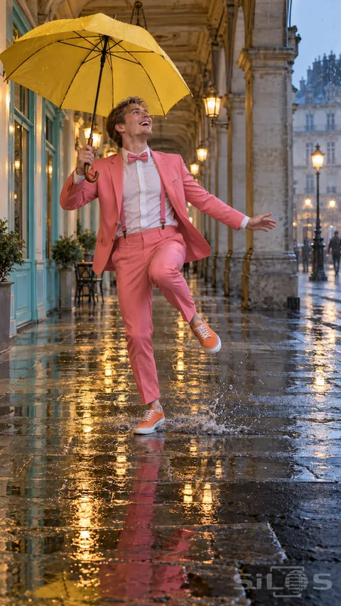 A man in a pink suit and orange shoes dances beneath a yellow umbrella in a wet city arcade.