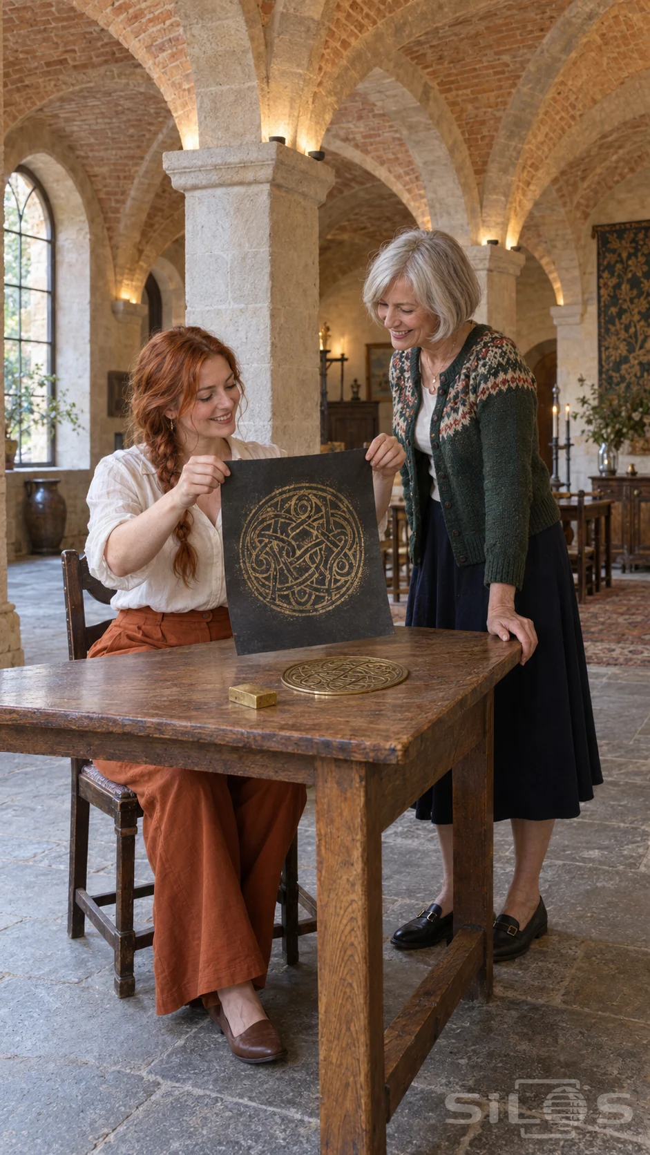 Two adult women share a brass rubbing with a gold interlaced pattern on black paper beneath warm brick vaults.