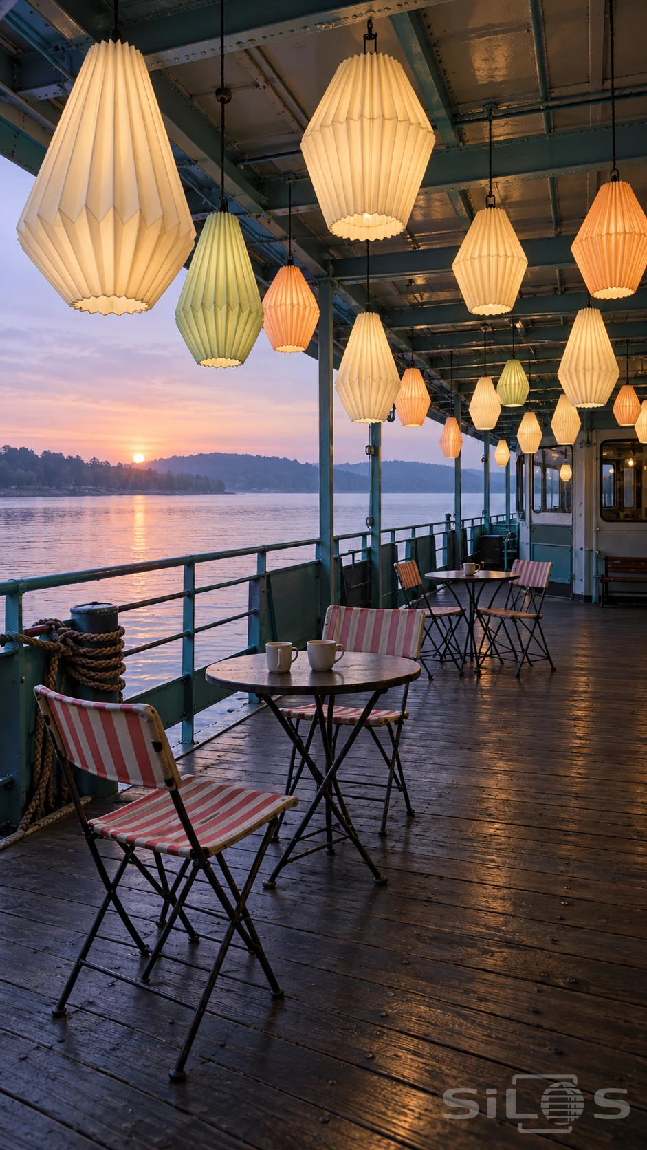 Pleated paper lamps hang above striped folding chairs and round cafe tables on a teal ferry deck beside calm harbor water at dawn.
