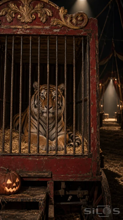 A natural tiger rests behind iron bars in an old red circus wagon with gold carvings and a pumpkin lantern
