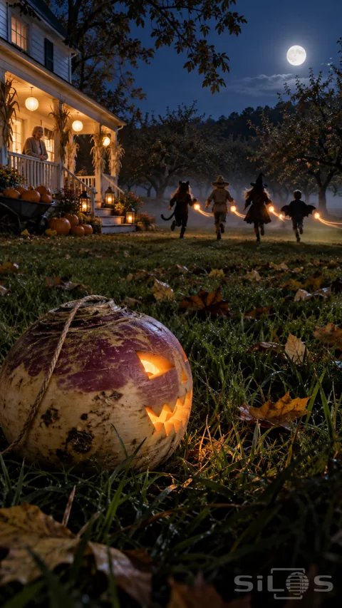 A carved purple-and-cream turnip glows on the lawn as four children run towards an orchard with lantern trails beneath the moon.