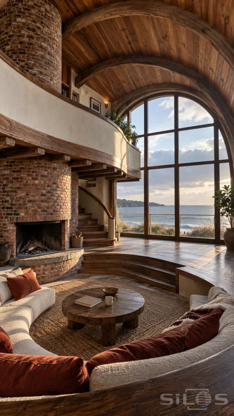 A curved timber gallery wraps a brick fireplace above cream seating beneath an arched wooden ceiling and a tall ocean-facing window.