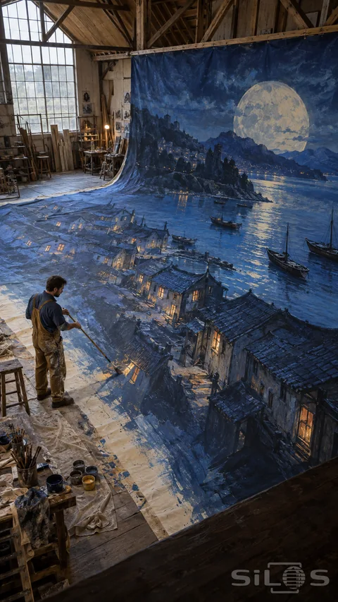 Scenic backdrop painting seen from above; with an adult using a long brush on a huge painted canvas of a moonlit village.