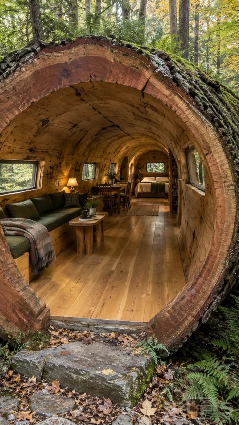 A round; bark-edged opening reveals a furnished home inside one enormous fallen tree; with green seating; side windows and a bedroom.