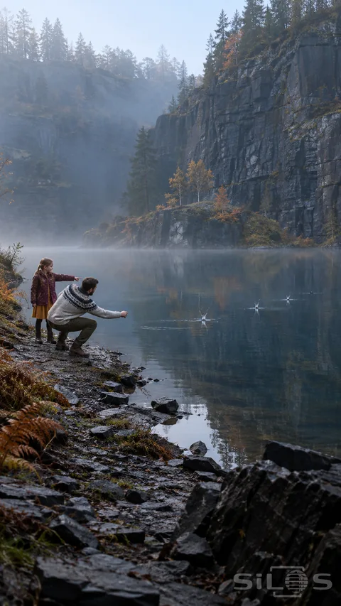 Stone skipping beside a quarry pond; with a father and daughter watching little splashes recede across the water.
