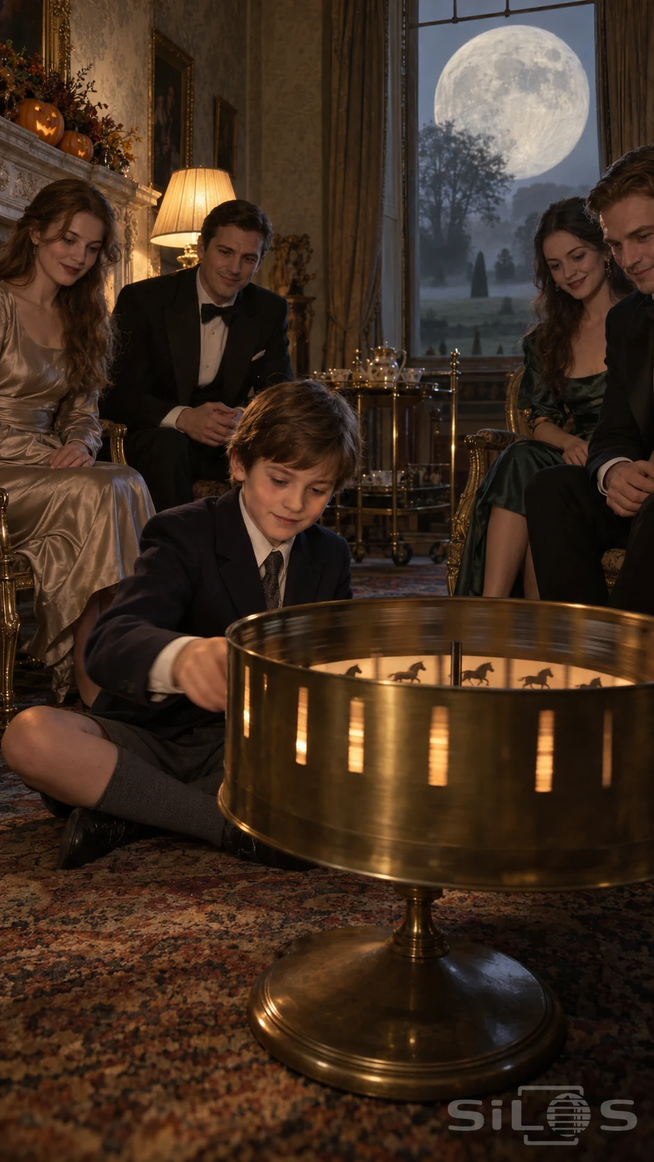 A boy spins a brass zoetrope with horse images while four formally dressed adults watch beneath a giant moon outside the window.