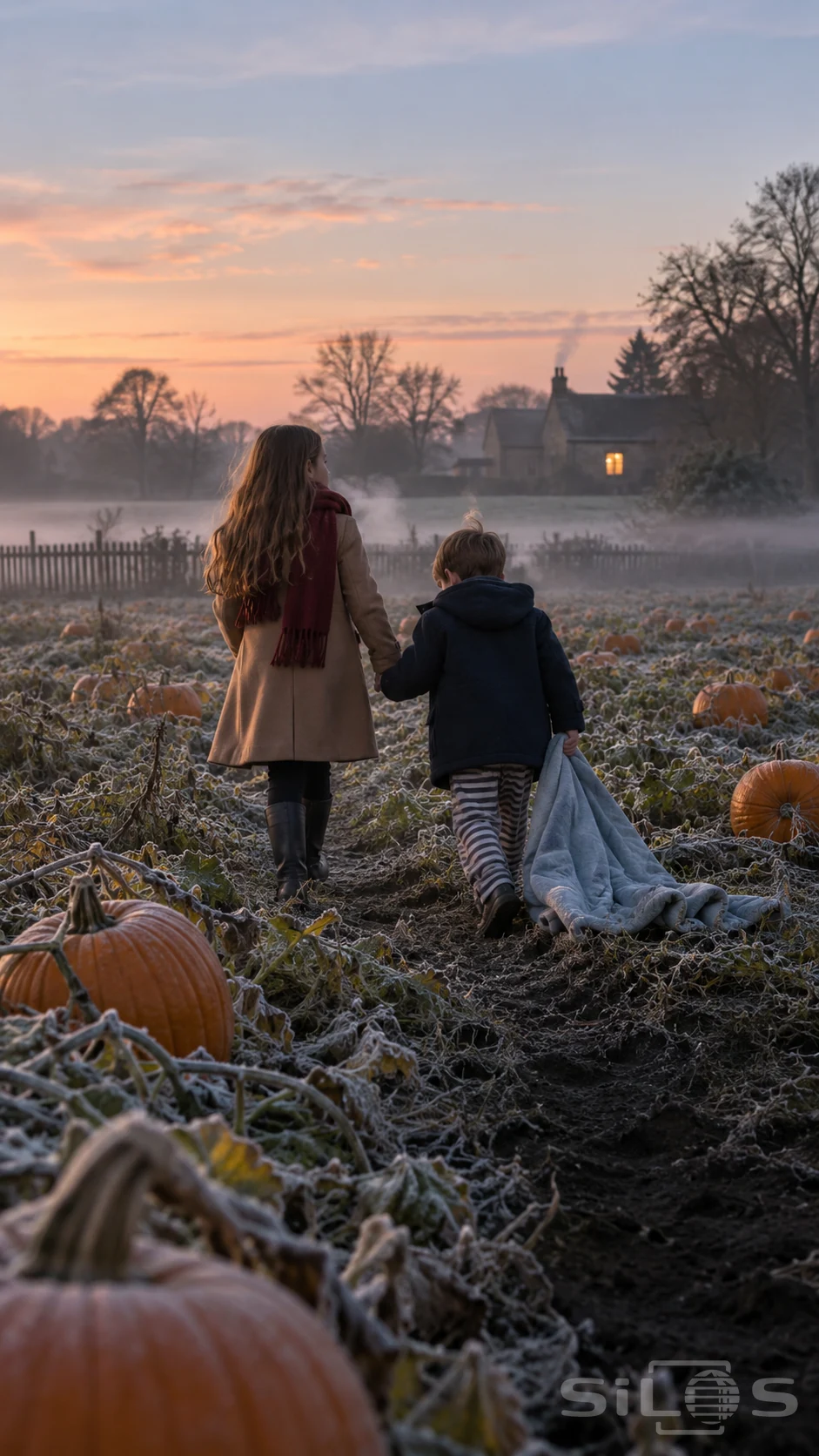 A girl in a camel coat leads a younger boy with a blue blanket through frosted pumpkins toward a farmhouse at dawn.