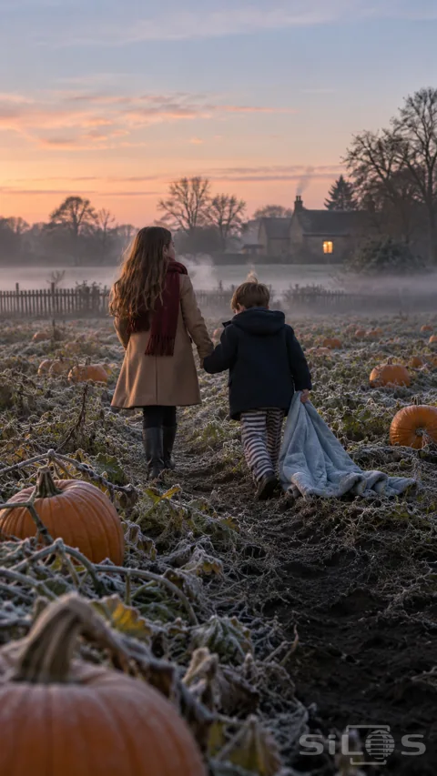 A girl in a camel coat leads a younger boy with a blue blanket through frosted pumpkins toward a farmhouse at dawn.