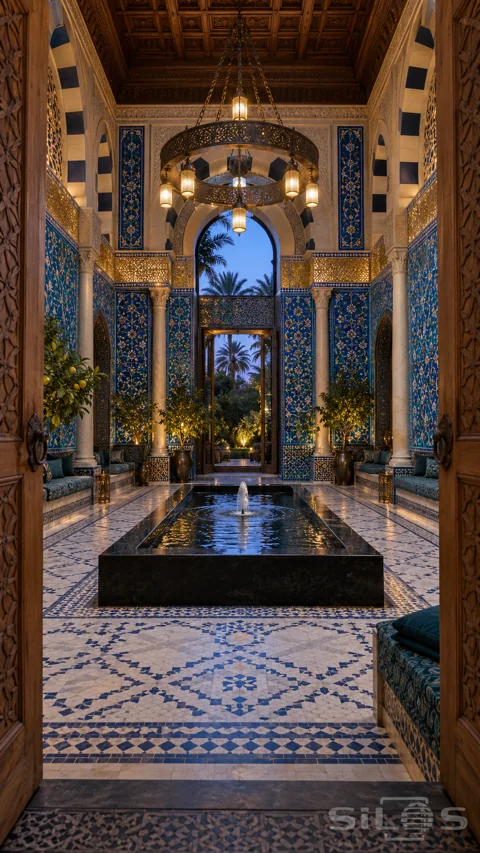Blue tiled salon with a rectangular dark stone fountain; ivory columns; gold mosaic bands; bronze lamps and palm trees beyond.