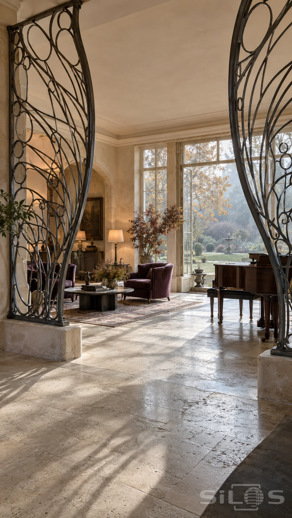 Tall wing-shaped wrought iron screens frame a music room with plum chairs, a walnut piano and bright autumn garden windows.