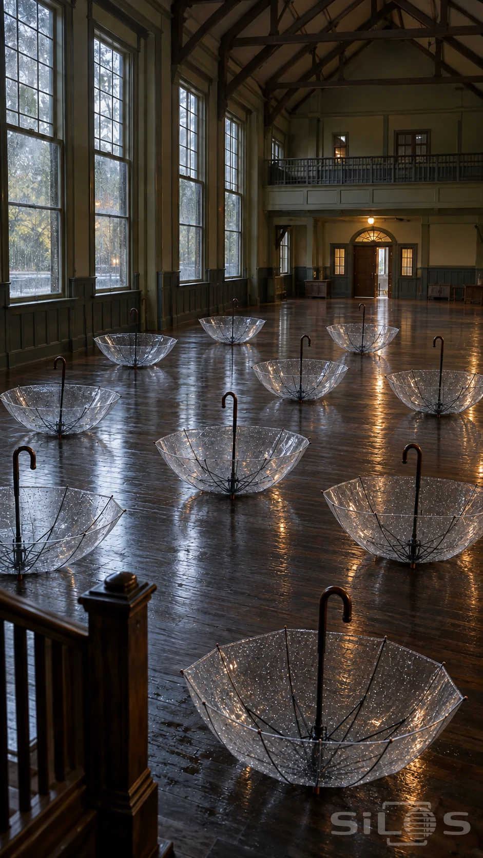 Clear umbrellas resting upside down on a wet wooden floor beneath tall rainy windows and exposed timber beams.