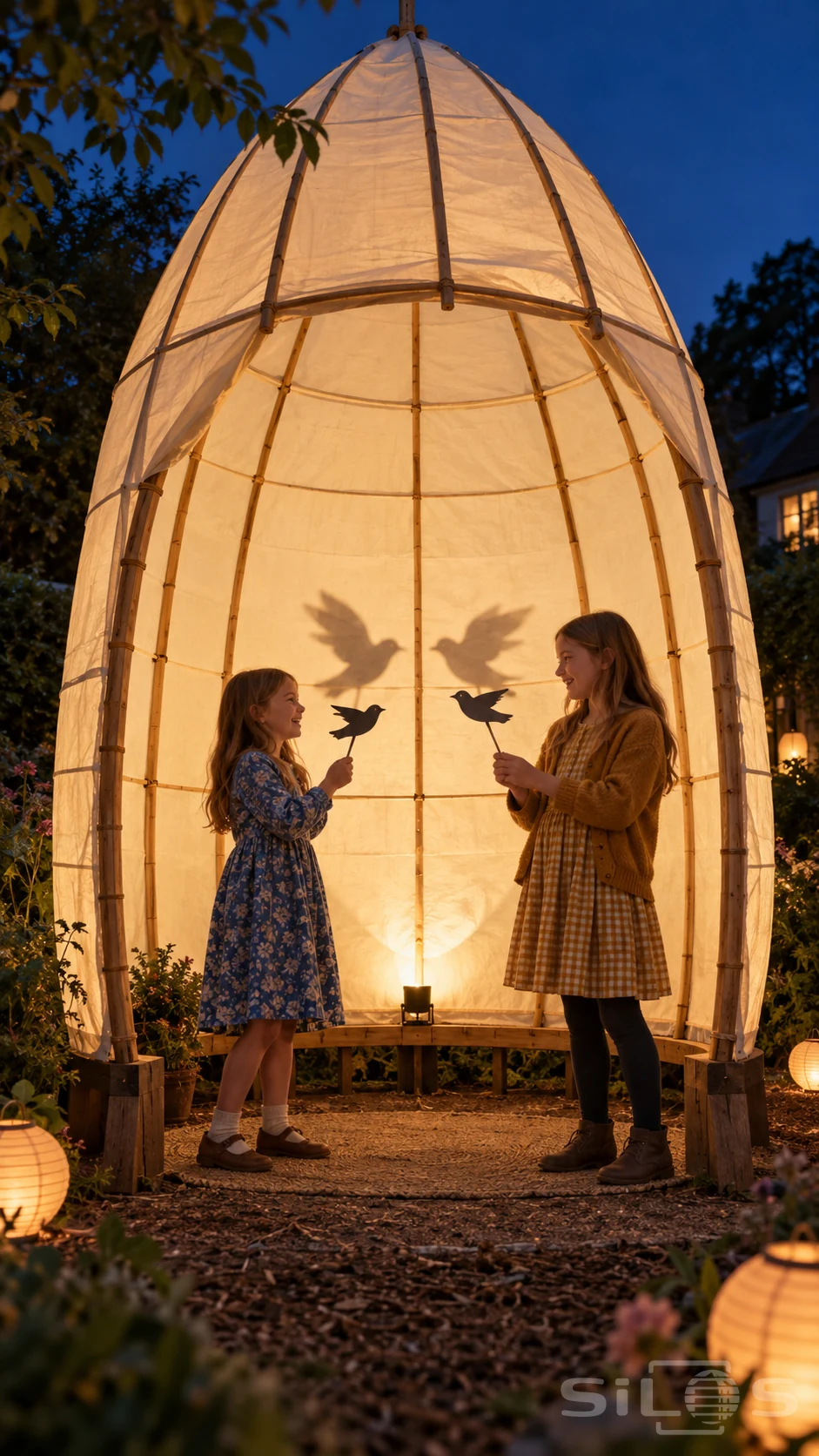 Two girls hold paper birds inside a glowing lantern shadow theater with bamboo ribs, warm garden lights and a blue evening sky.