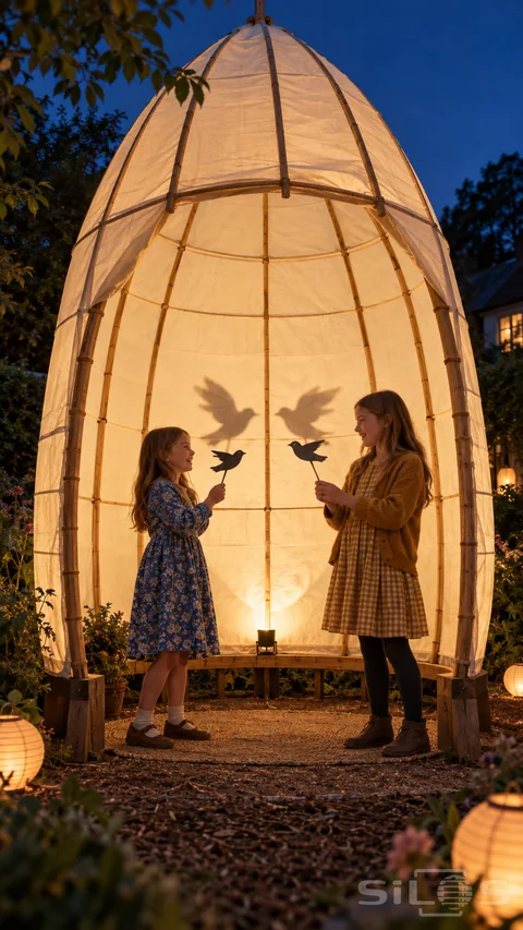 Two girls hold paper birds inside a glowing lantern shadow theater with bamboo ribs; warm garden lights and a blue evening sky.