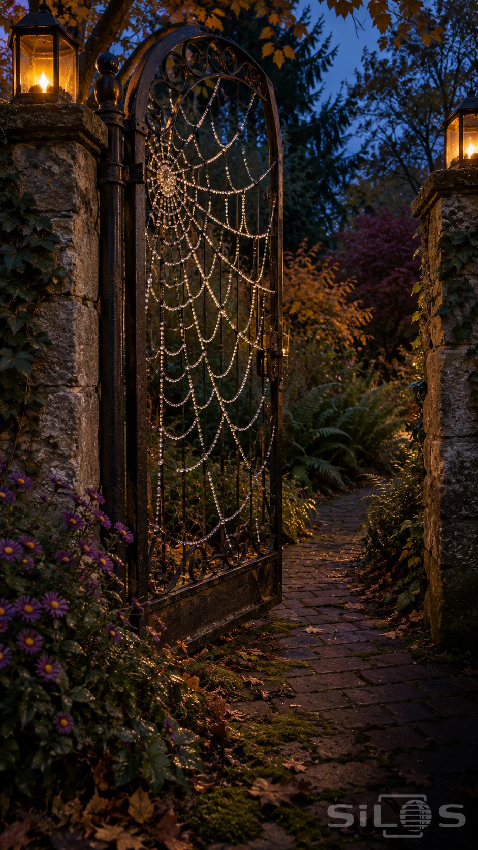 A beaded spiderweb hangs within an open iron garden gate between lantern-lit stone piers at blue dusk.