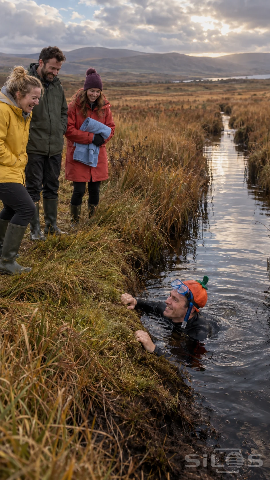 A man in a pumpkin swim cap pauses during bog snorkelling as three friends laugh beside an autumn moorland trench.