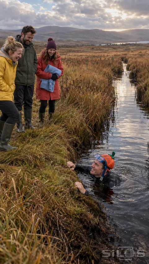 A man in a pumpkin swim cap pauses during bog snorkelling as three friends laugh beside an autumn moorland trench.