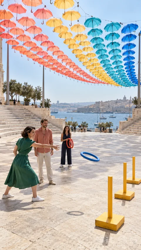A woman throws a blue ring toward yellow pegs as two friends watch beneath rows of colorful parasols above a harbor plaza.