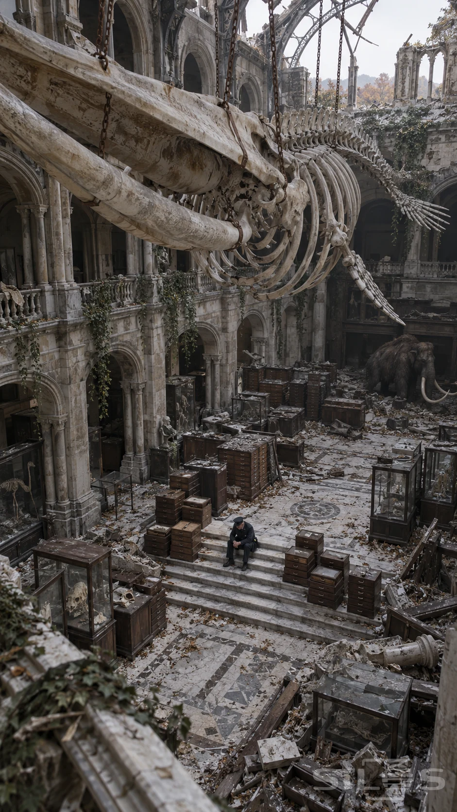 A small elderly guard sits on cracked museum steps among wooden drawers beneath a suspended whale skeleton and broken roof.