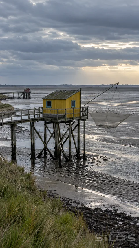 A yellow fishing hut on timber stilts holds a suspended net above low-tide channels beneath a gray estuary sky.