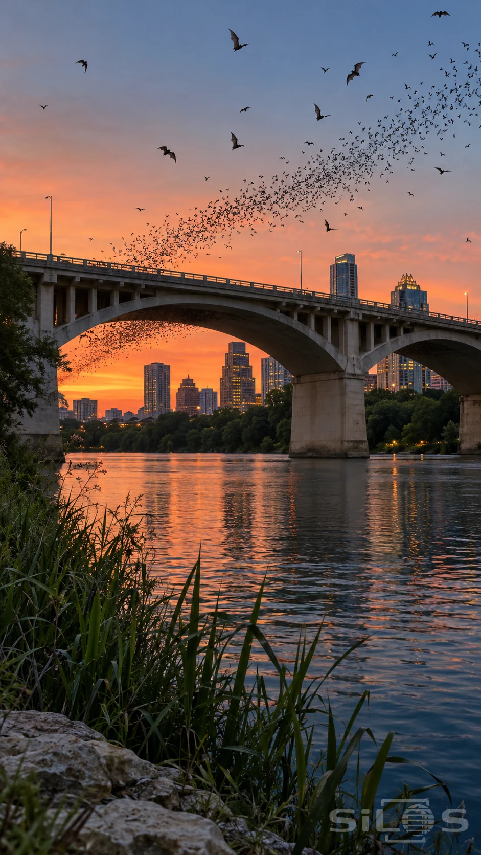 A bat colony streams around concrete bridge arches above a river at coral sunset with city towers in the distance.