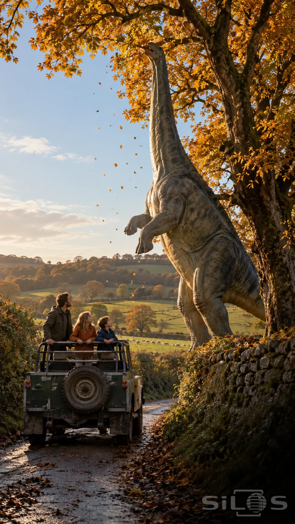 A father and two children stand in an open green vehicle watching a huge long-necked dinosaur reach into a golden oak.