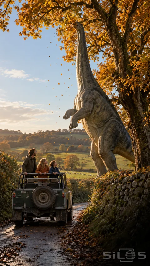 A father and two children stand in an open green vehicle watching a huge long-necked dinosaur reach into a golden oak.