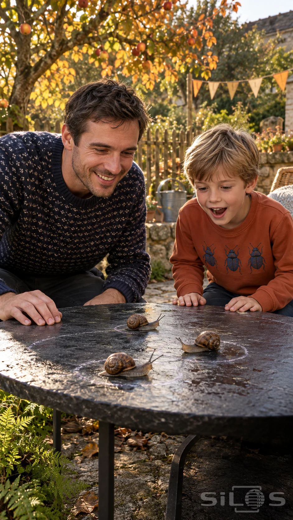 Garden snail race with three brown snails on damp slate as a father and son in patterned sweaters watch beneath an apple tree.