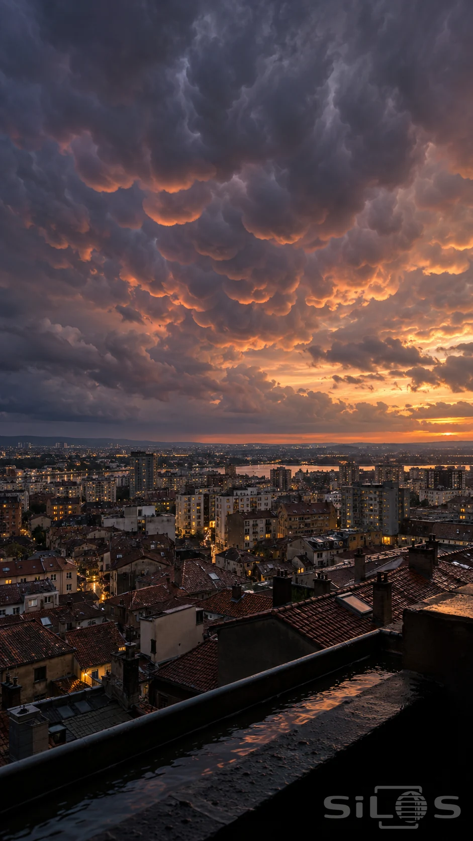 Violet mammatus clouds with peach-lit edges hang over terracotta rooftops and apartment blocks at dusk.