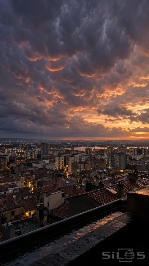 Violet mammatus clouds with peach-lit edges hang over terracotta rooftops and apartment blocks at dusk.