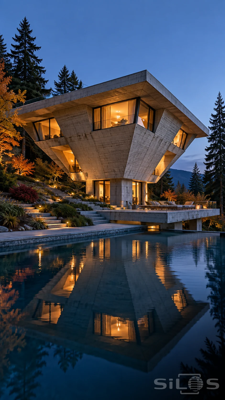 An inverted pyramid-shaped concrete house with glowing windows stands above a pool on a wooded hillside.