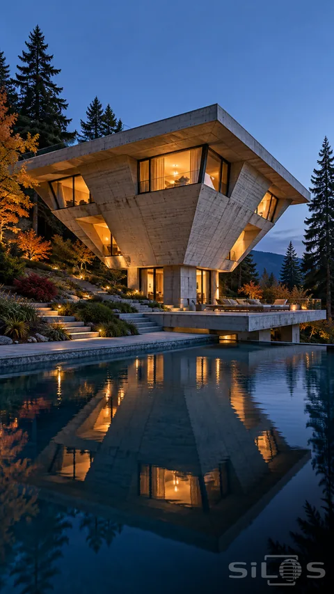 An inverted pyramid-shaped concrete house with glowing windows stands above a pool on a wooded hillside.