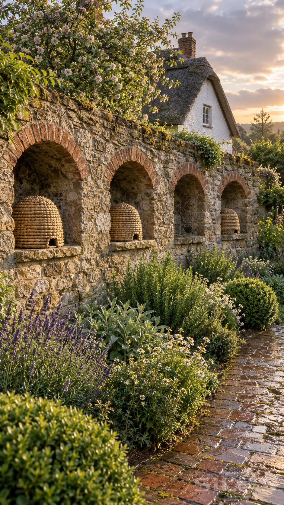 A bee bole wall holds three straw skeps above flowering herbs beside a wet brick path and a thatched cottage.