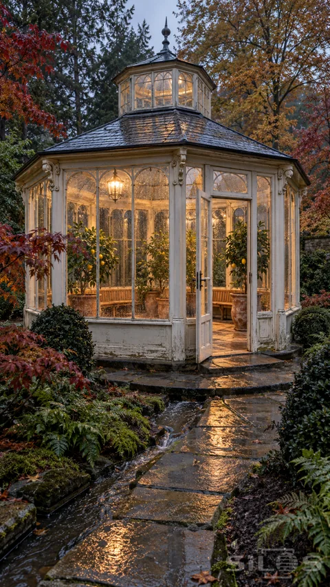 A white timber glass pavilion glows with warm lantern light amid autumn trees; wet stone paving and a narrow water channel.