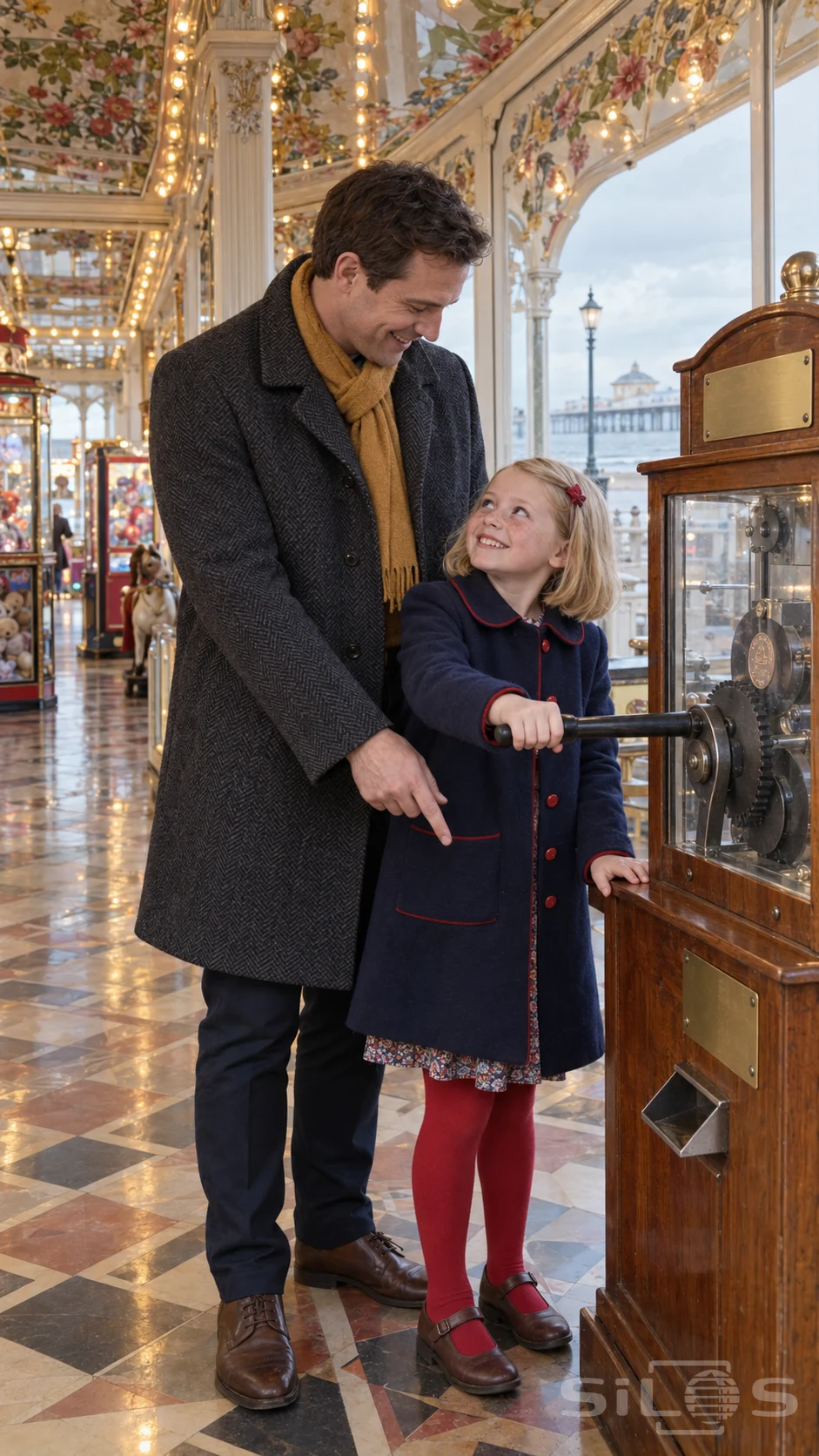 A girl holds a penny press crank and smiles up at her father beneath a floral ceiling in a seaside arcade.