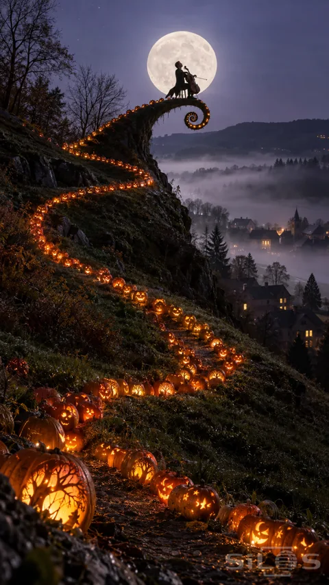 A pumpkin-lined path winds up a misty hillside to a curled promontory where a silhouetted cellist plays before the full moon.