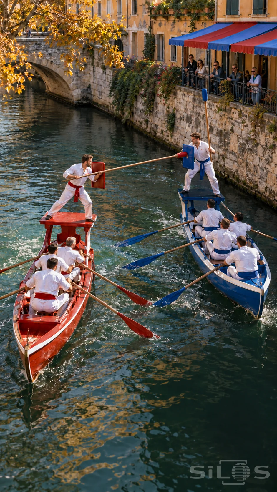 Canal jousting with two adult competitors on raised stern platforms above red and blue rowing boats in green canal water.
